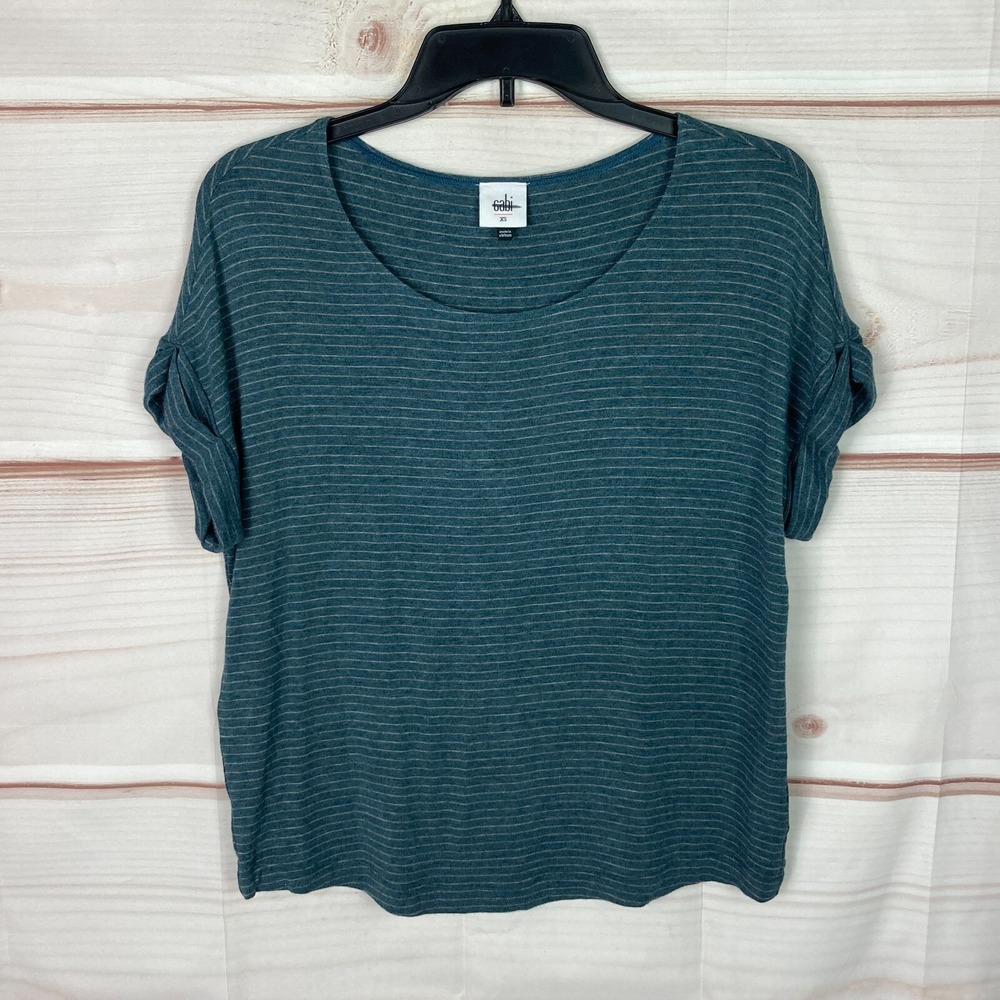 CAbi Top Womens XS Green Stripe T-Shirt‎ Scoop Neck Cuffed Short Sleeve Jersey